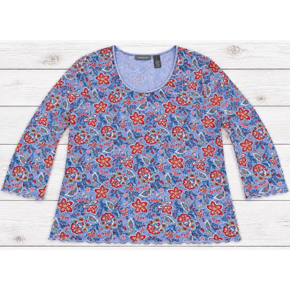 Liz Claiborne Floral Top Blue Scalloped Hem 3/4 Sleeve Boho Casual Plus Size 3X